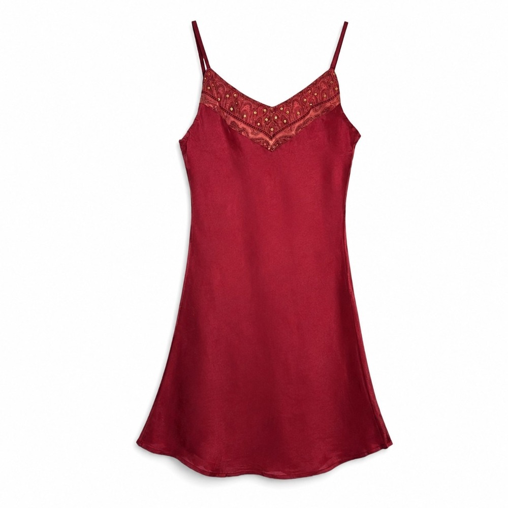 Chaudry Kaftan Slip Dress Small Red Embroidered Mesh Flowy Sleeves Beaded Boho - Picture 2 of 15